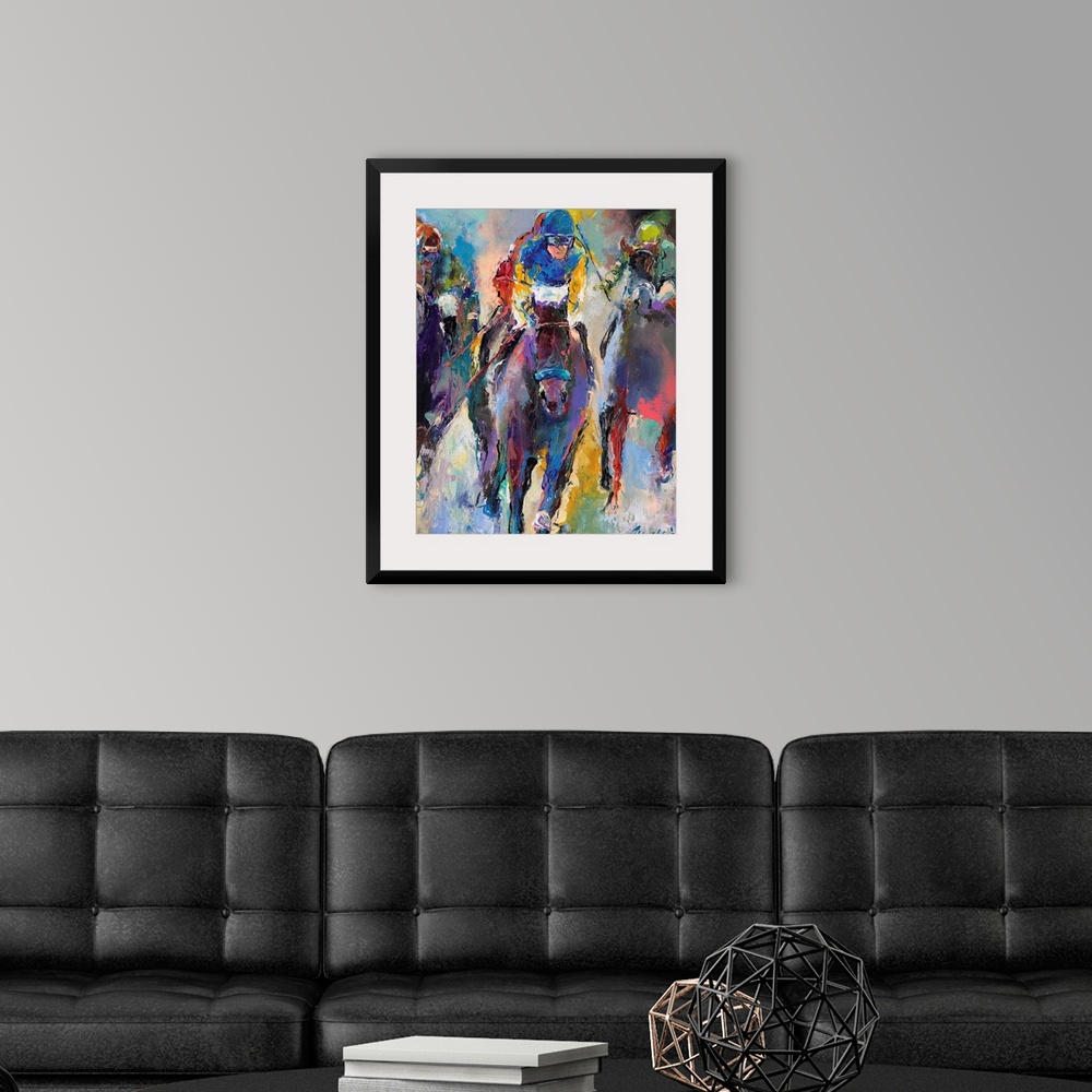 A modern room featuring Colorful abstract painting of jockeys on horseback.