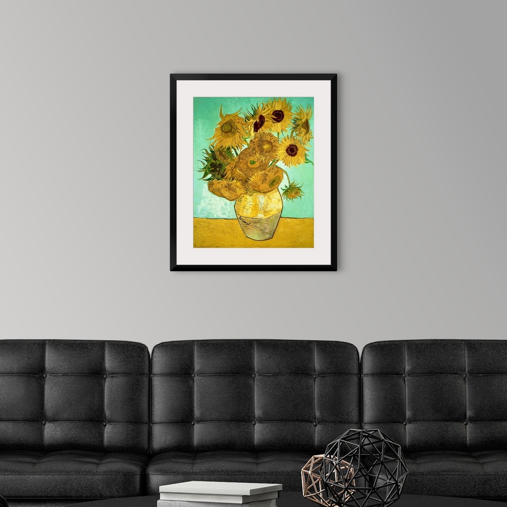 A modern room featuring Classic oil painting of warm colored sunflowers in a vase with a cool toned background.