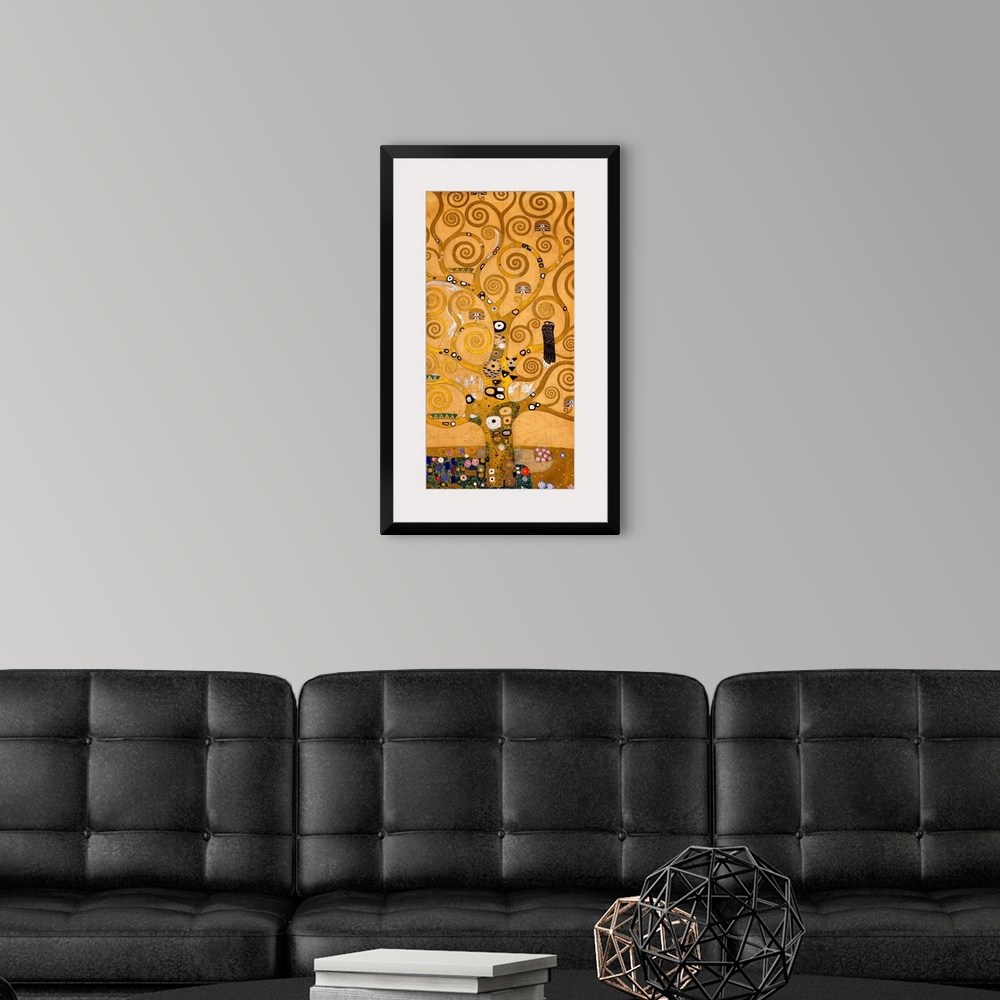 A modern room featuring Modern painting of a large, golden tree with all its branches in spiral shapes, and patchwork-lik...