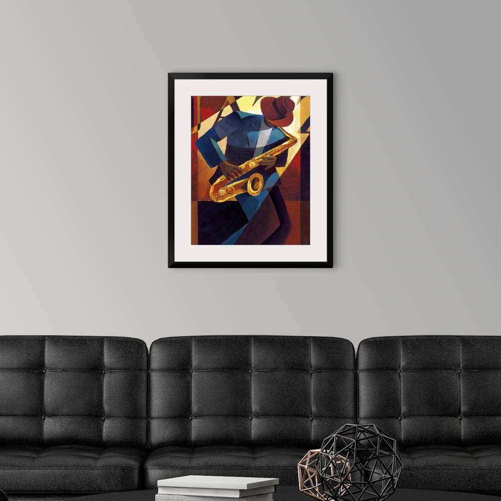 A modern room featuring Contemporary painting of a jazz musician playing the saxophone.