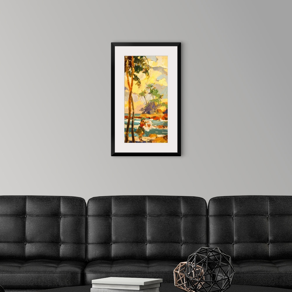 A modern room featuring Oversized vertical painting of a female Hawaiian dancer in a grass skirt, on the beach, standing ...