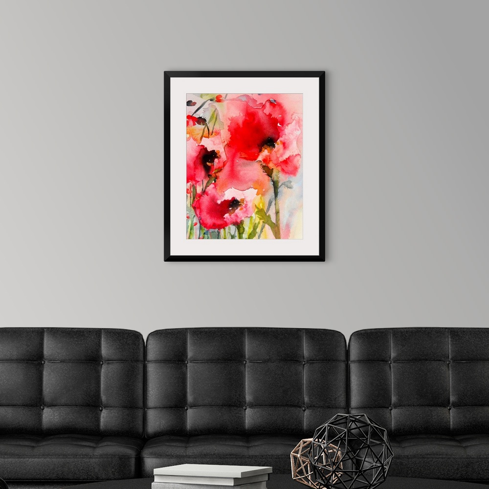 A modern room featuring Contemporary watercolor painting of vibrant red flowers.