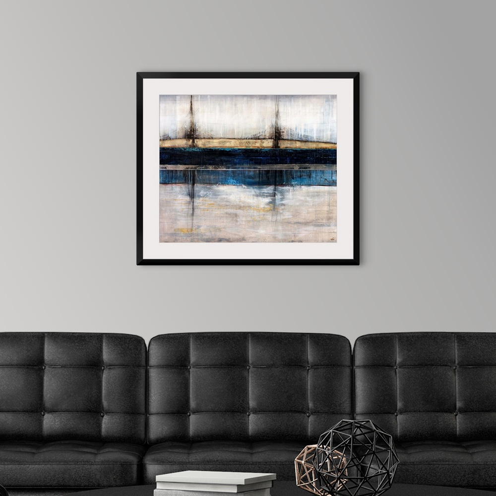A modern room featuring Abstract art piece depicting a bridge in a city spanning across a river.