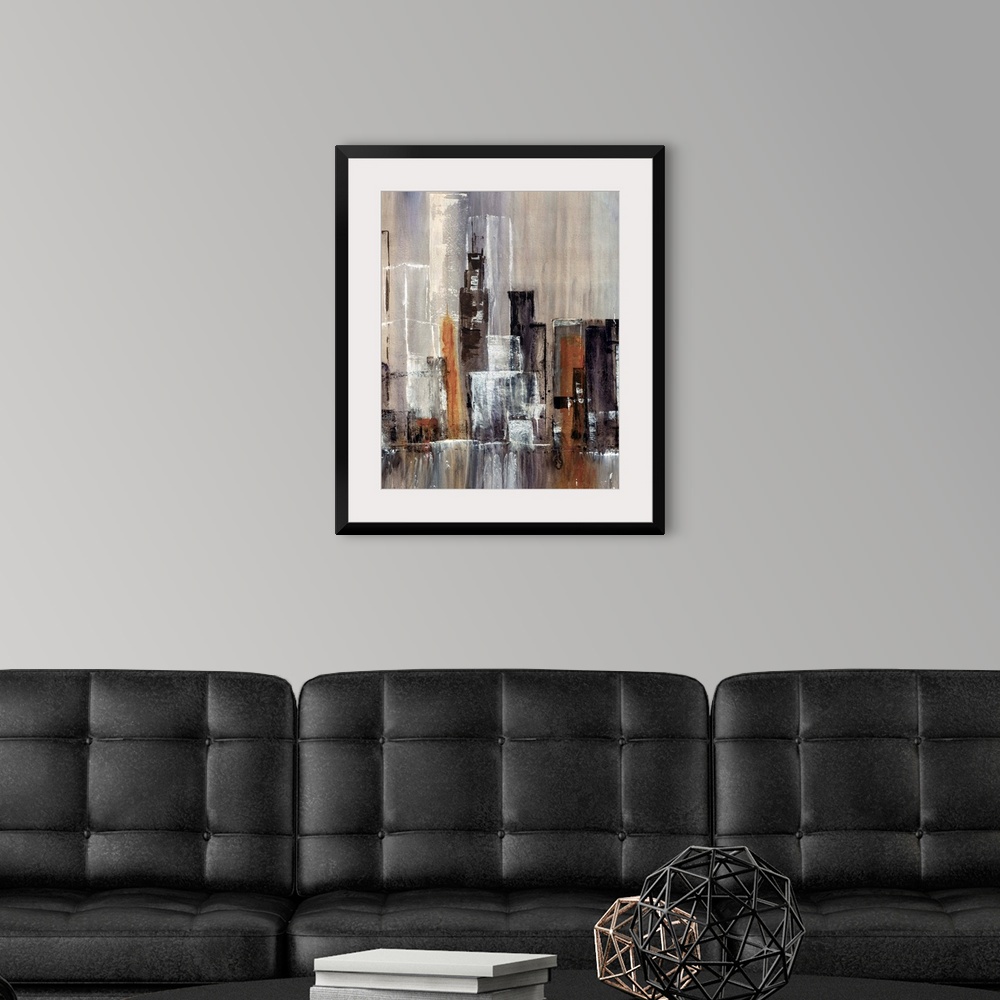 A modern room featuring Contemporary abstract painting of tall city building and skyscrapers with waterfall in the foregr...