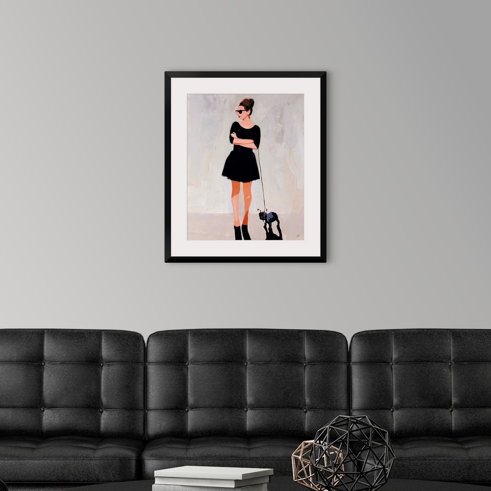 A modern room featuring Contemporary portrait of a fashionable woman walking her French bulldog in front of a neutral bac...