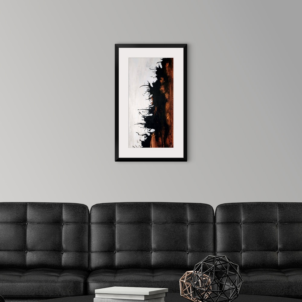 A modern room featuring Vertical abstract painting of earth toned brushstrokes on the right with curved lines on the outs...