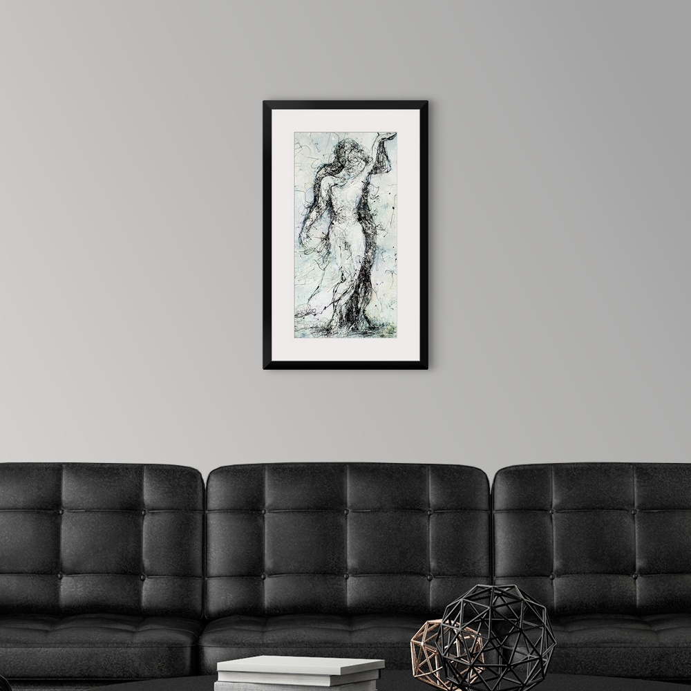 A modern room featuring Abstract figurative painting of a couple embracing, reminiscent of two statues in front of one an...