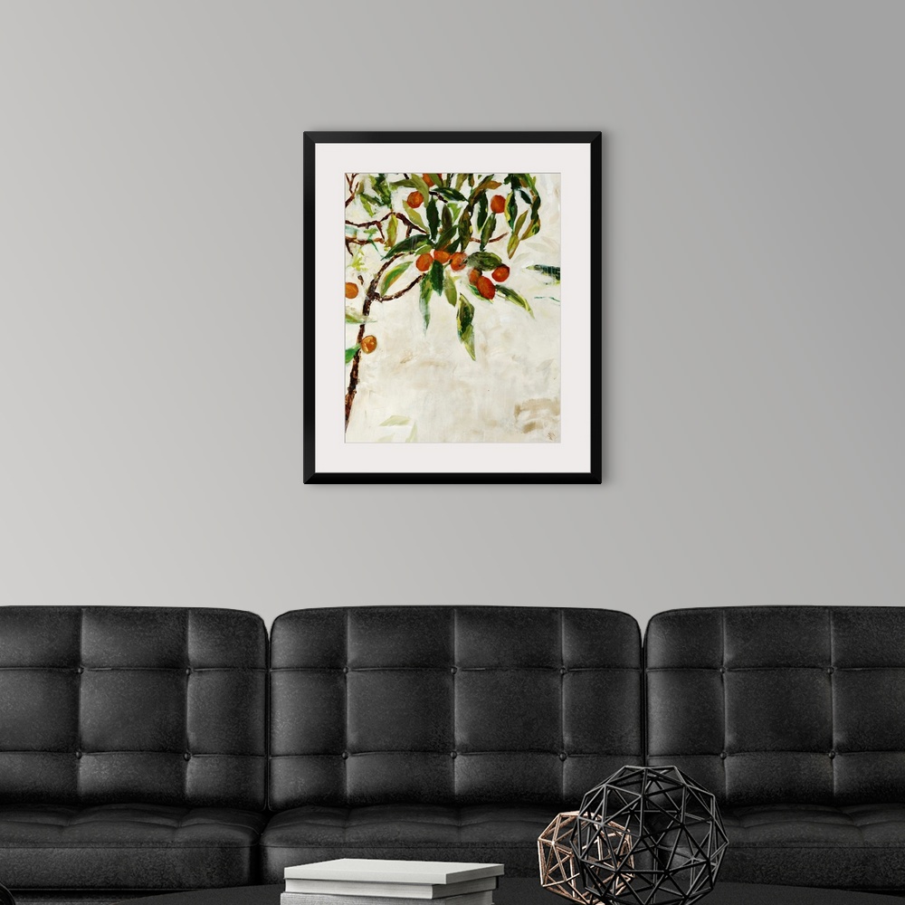 A modern room featuring Contemporary painting of a kumquat tree over a neutral background.