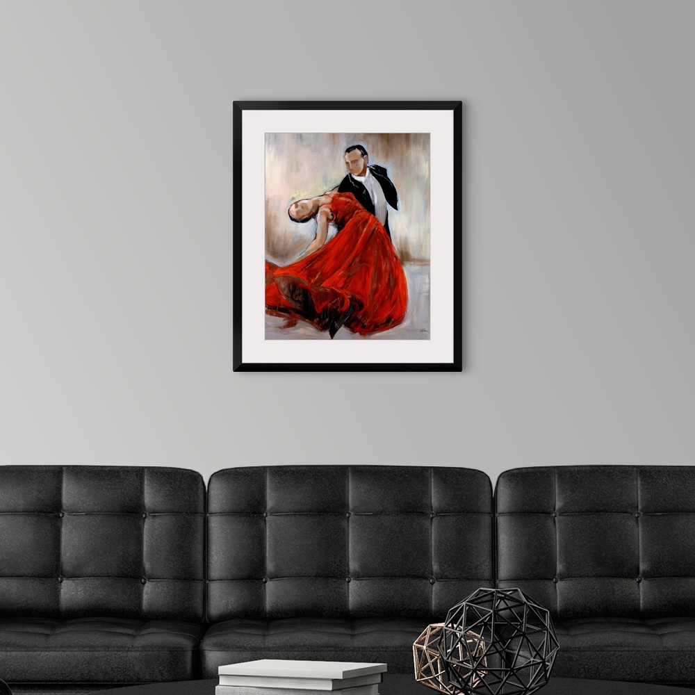 A modern room featuring Huge contemporary art depicts a man in a tuxedo dancing with a woman in a flowing bright dress wh...