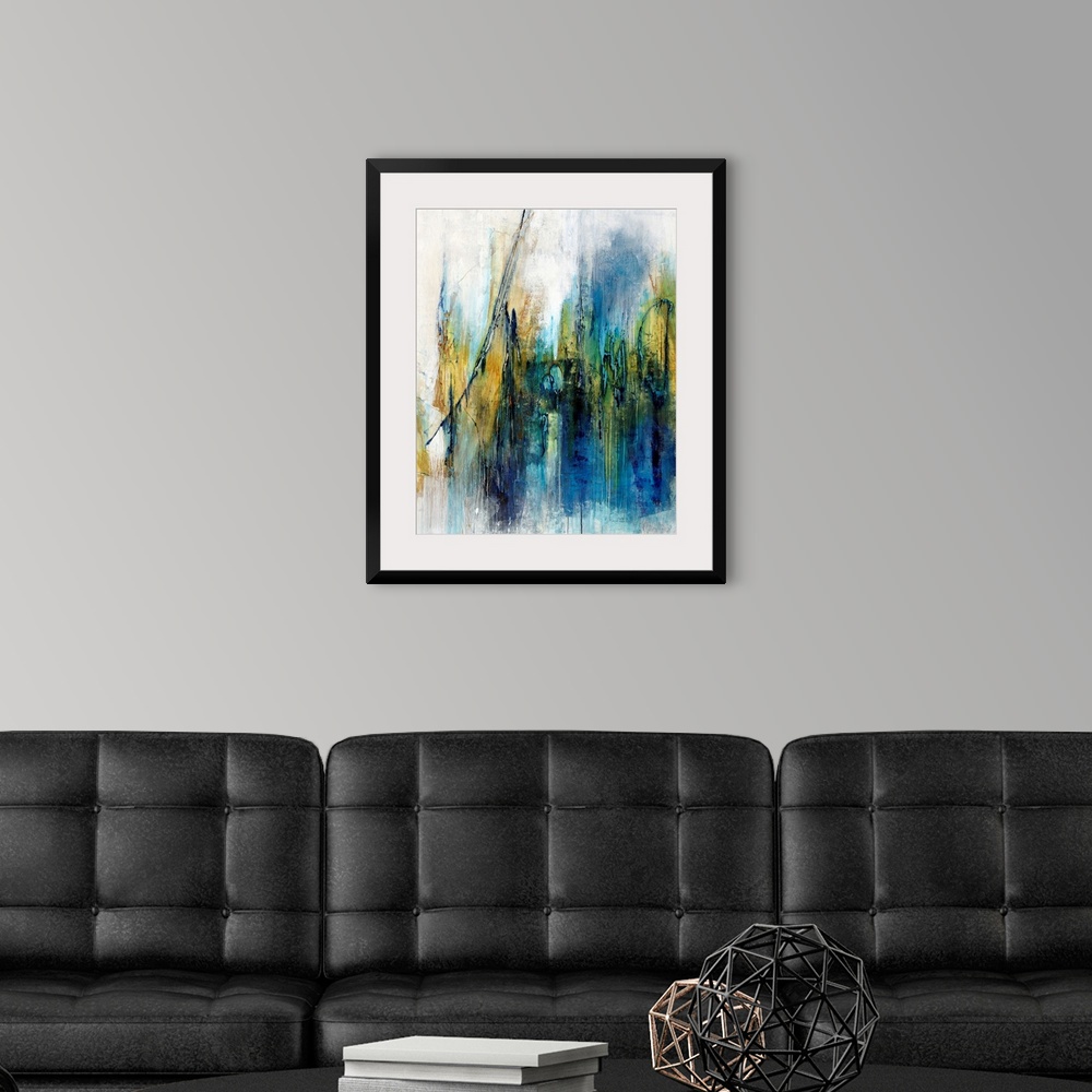 A modern room featuring Contemporary abstract painting using blue mixed with gold in swiping vertical swipes, against a n...