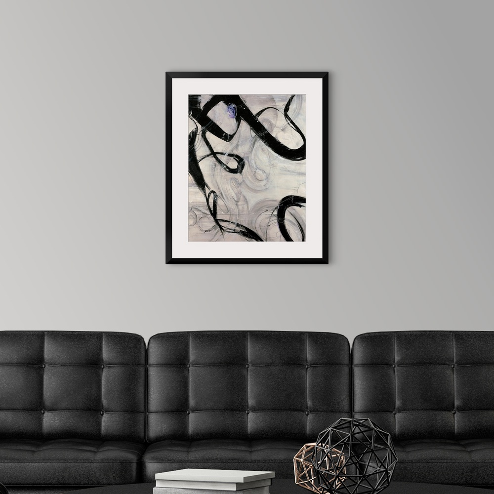 A modern room featuring Vertical abstract painting with calligraphic shapes.