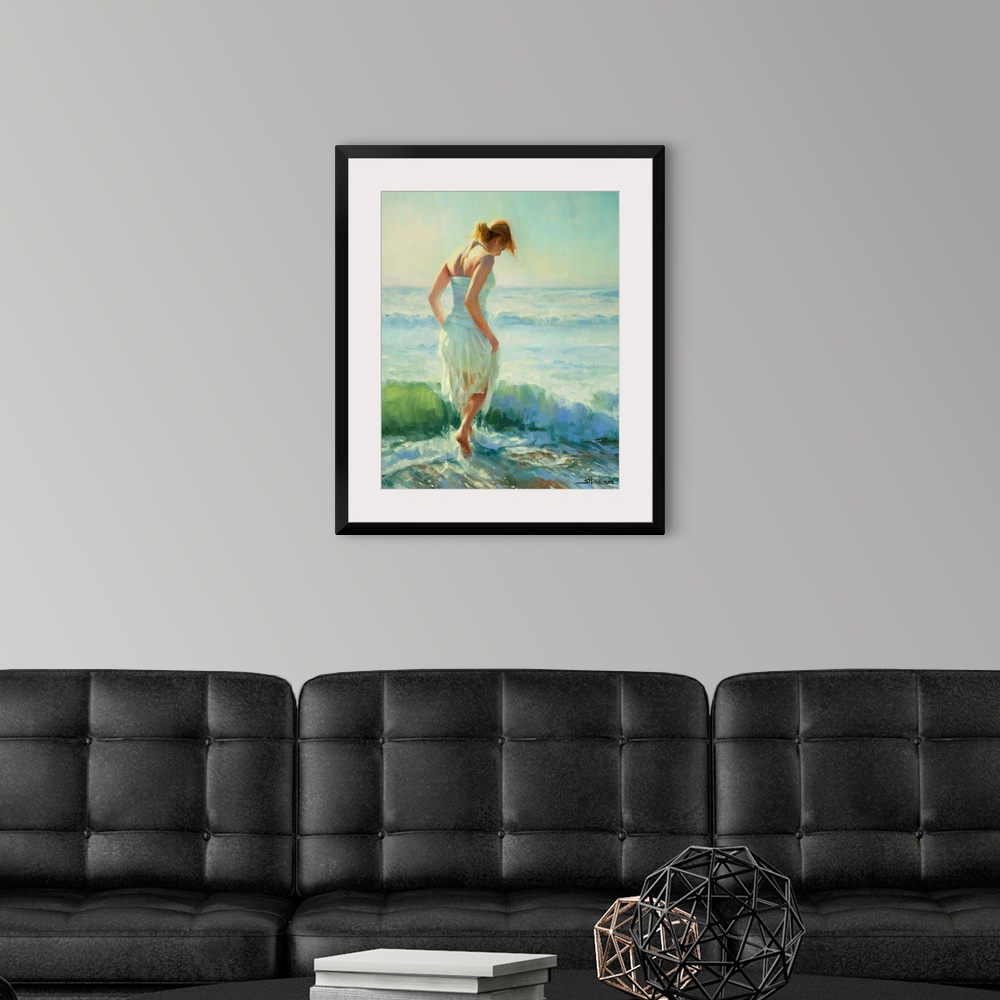 A modern room featuring Traditional representational painting of a young woman in a sundress walking barefoot through the...