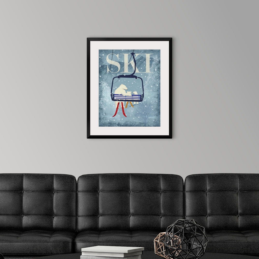 A modern room featuring A polar bear and two cubs riding a ski lift.