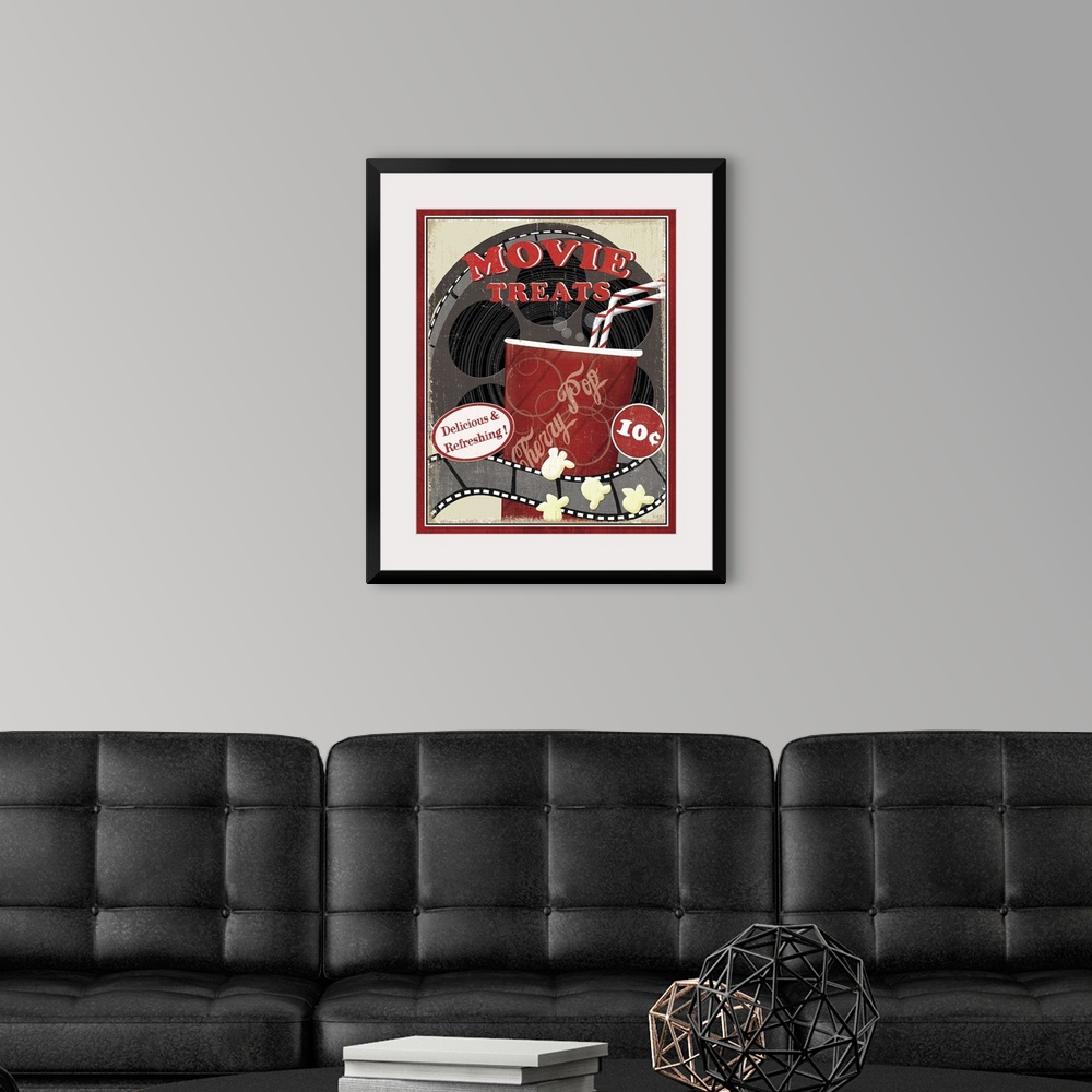A modern room featuring A vintage poster of a movie reel with a cup of soda drawn in front of it and some kernels of popc...