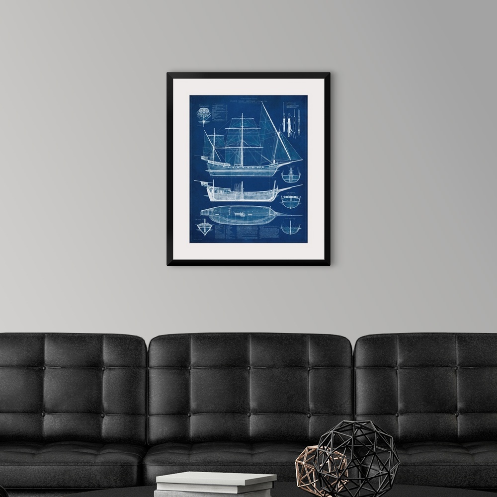 A modern room featuring Antique Ship Blueprint I