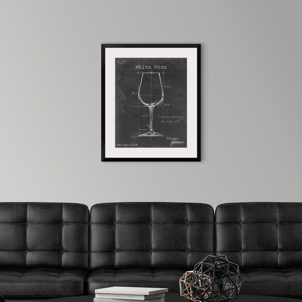 A modern room featuring Blueprint style artwork of a cocktail recipe perfect for a kitchen or home bar.