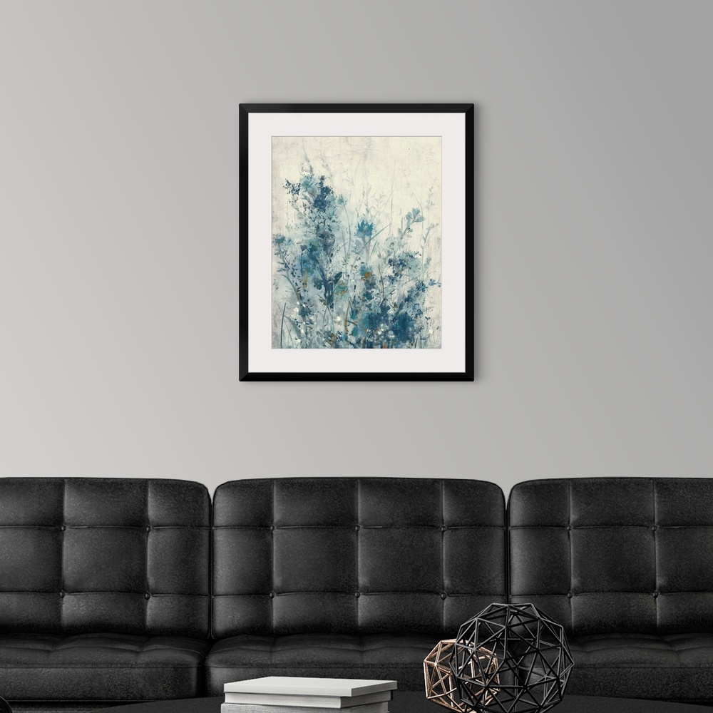 A modern room featuring Vertical contemporary painting of a garden of spring flowers in different shades of blue.