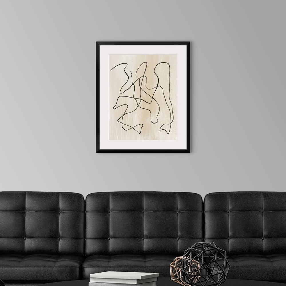 A modern room featuring Contemporary abstract painting of curved lines on a neutral background.