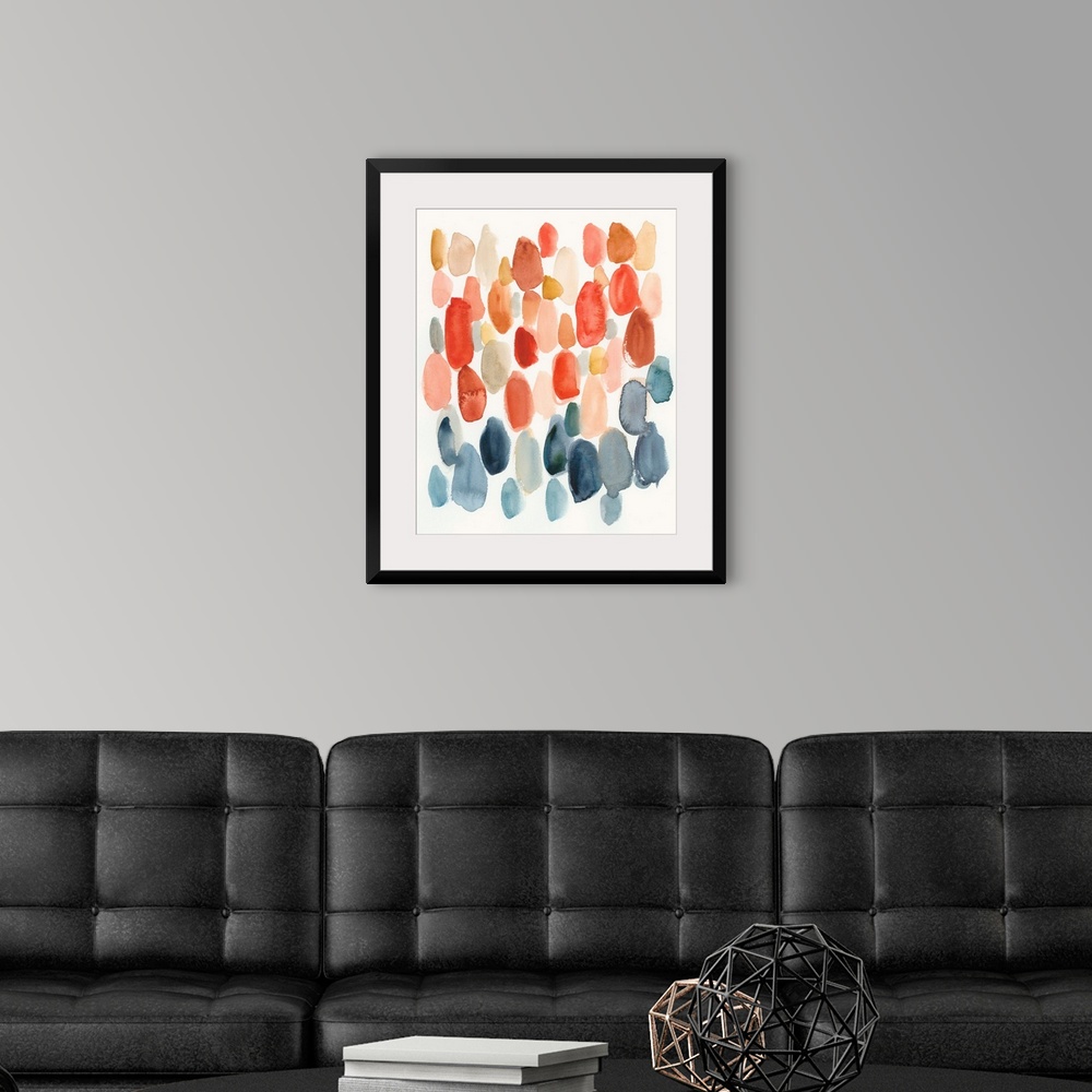 A modern room featuring Watercolor abstract with oblong shapes in indigo, coral, and orange colors on a white background.