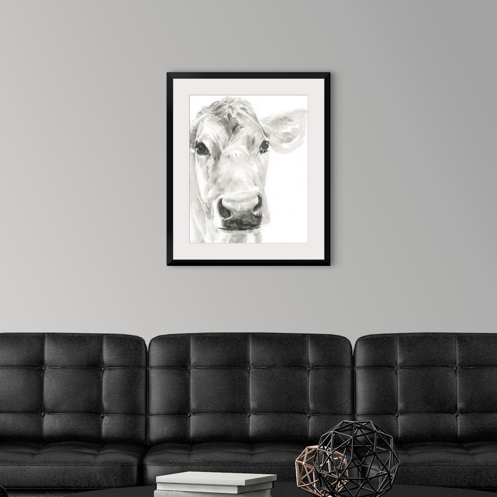 A modern room featuring Watercolor portrait of a cow in gray.