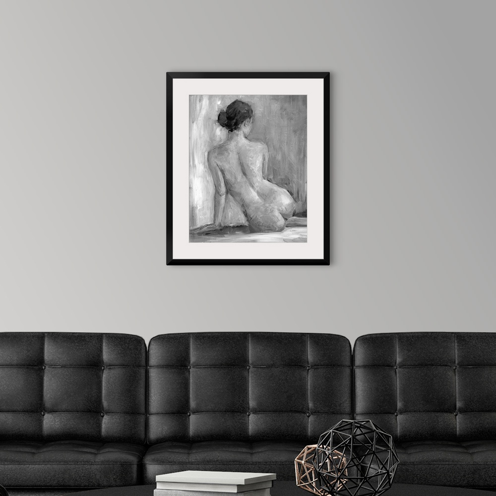 A modern room featuring Nude portrait of the back of a seated woman. Her back to the artist the lady stares off into the ...
