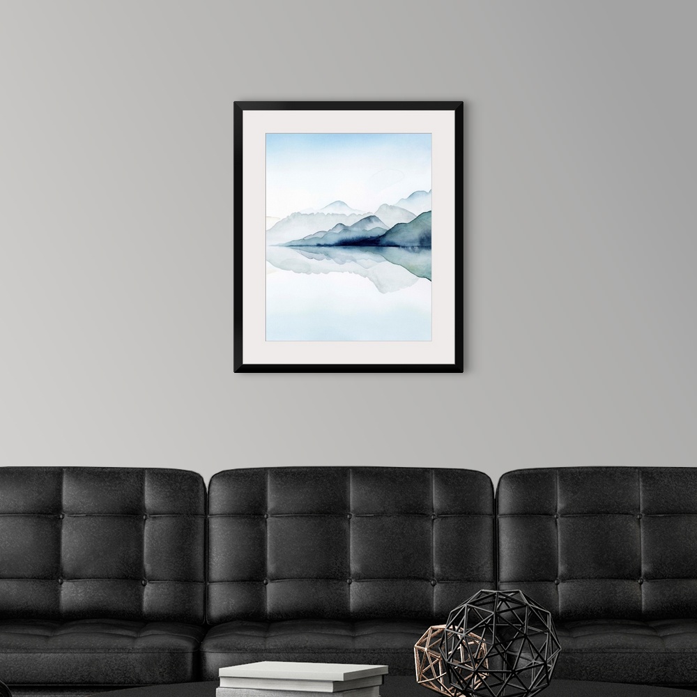 A modern room featuring Watercolor painting of misty mountains reflected in glacial waters.