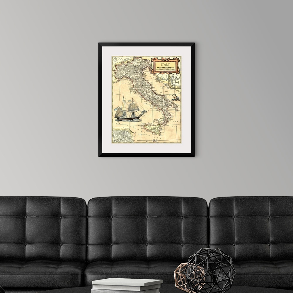 A modern room featuring This vertical wall art is an antique political map of Italy with cities and regions labeled in It...