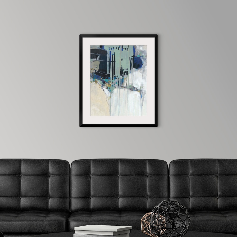 A modern room featuring Contemporary abstract painting in teal, navy, and neutral hues.