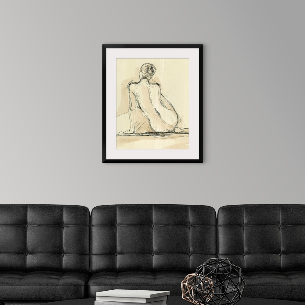A modern room featuring Portrait, figurative art on a large wall hanging, of a roughly sketched nude, female form, leanin...