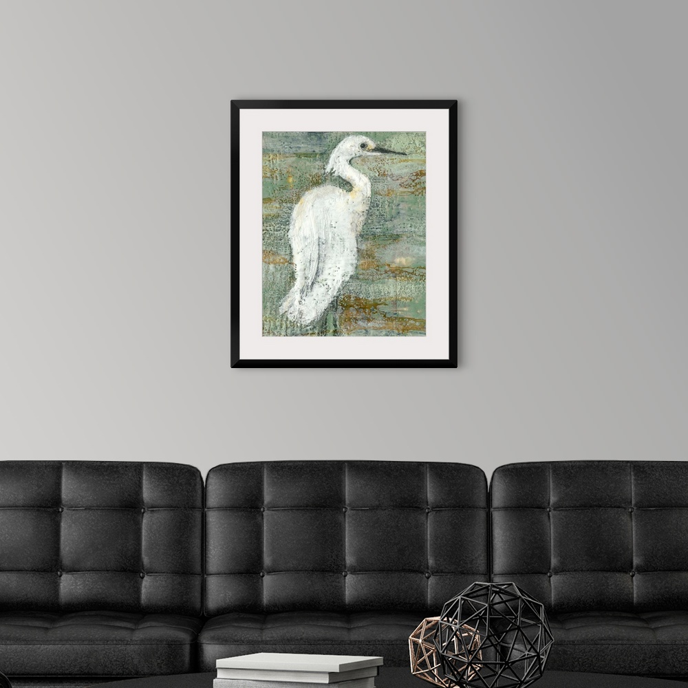 A modern room featuring Contemporary artwork of a white heron against a weathered dark background.
