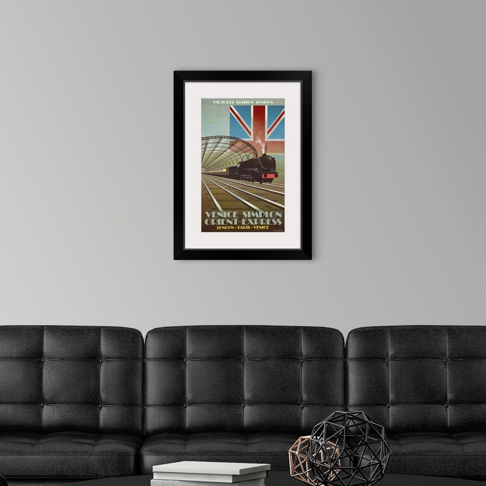 A modern room featuring Vintage poster advertisement for Orient Express.