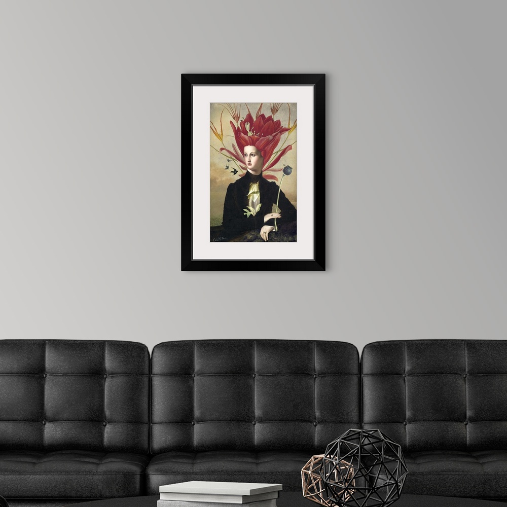 A modern room featuring Image of a woman with flowers for her hair.