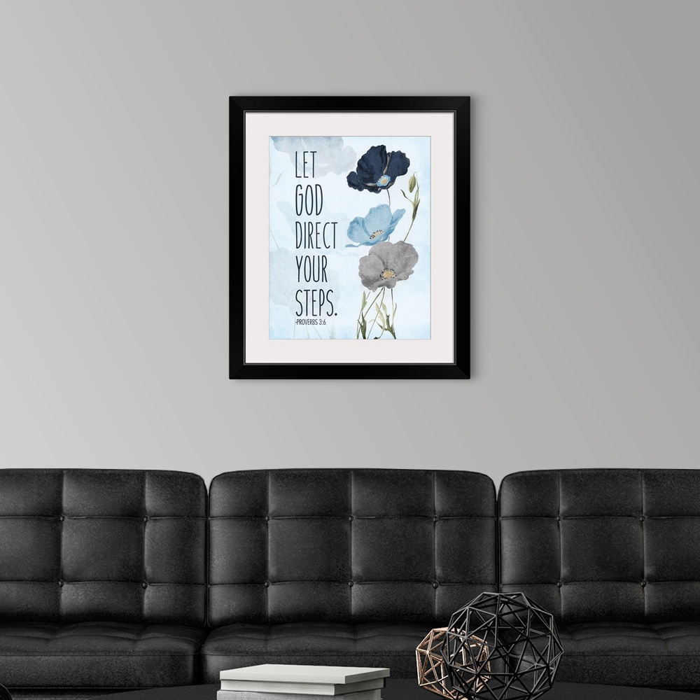 A modern room featuring Bible verse Proverbs 3:5 with a blue poppy flower design.