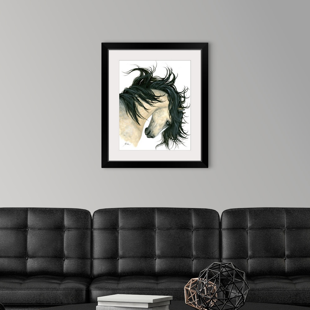 A modern room featuring Majestic Series of Native American inspired horse paintings of a dappled buckskin mustang.