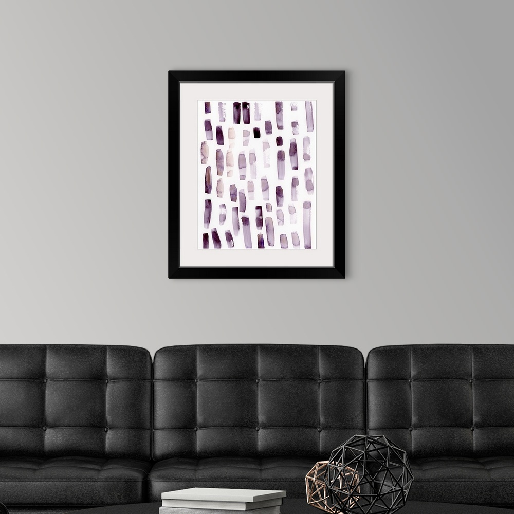 A modern room featuring Contemporary abstract painting of multiple vertical streaks of diluted amethyst tones.
