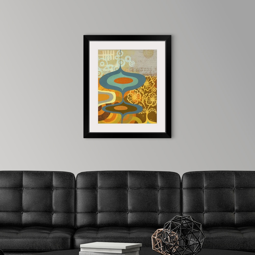 A modern room featuring Contemporary painting with a retro feel of colorful shapes and designs.