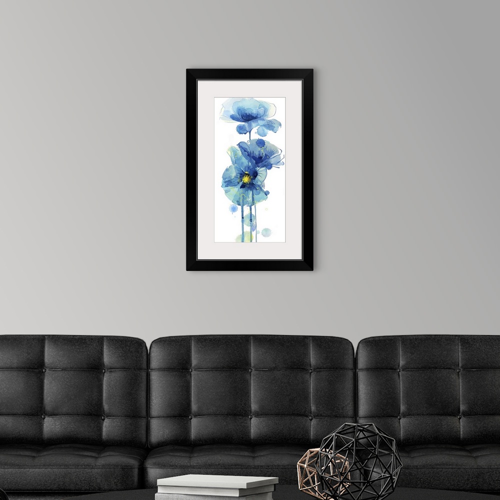 A modern room featuring Watercolor painting of poppy flowers in deep blue.