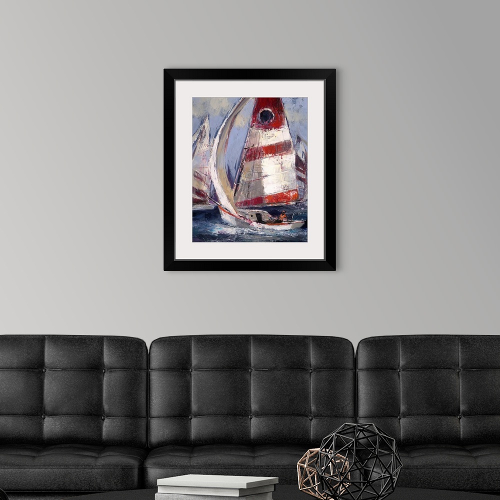 A modern room featuring Contemporary painting of sailboats with red white sails in a choppy ocean.