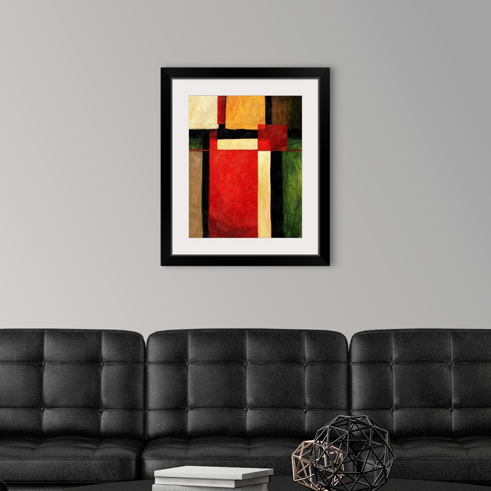 A modern room featuring Abstract painting with squares, varying in shapes and color.