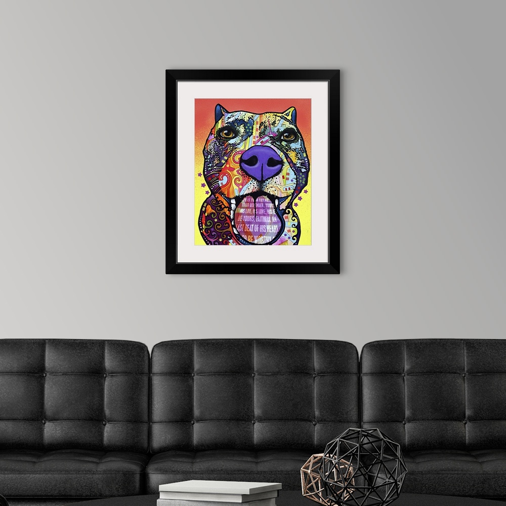 A modern room featuring Contemporary artwork of a dog's outline filled with several multicolored patterns with the text "...