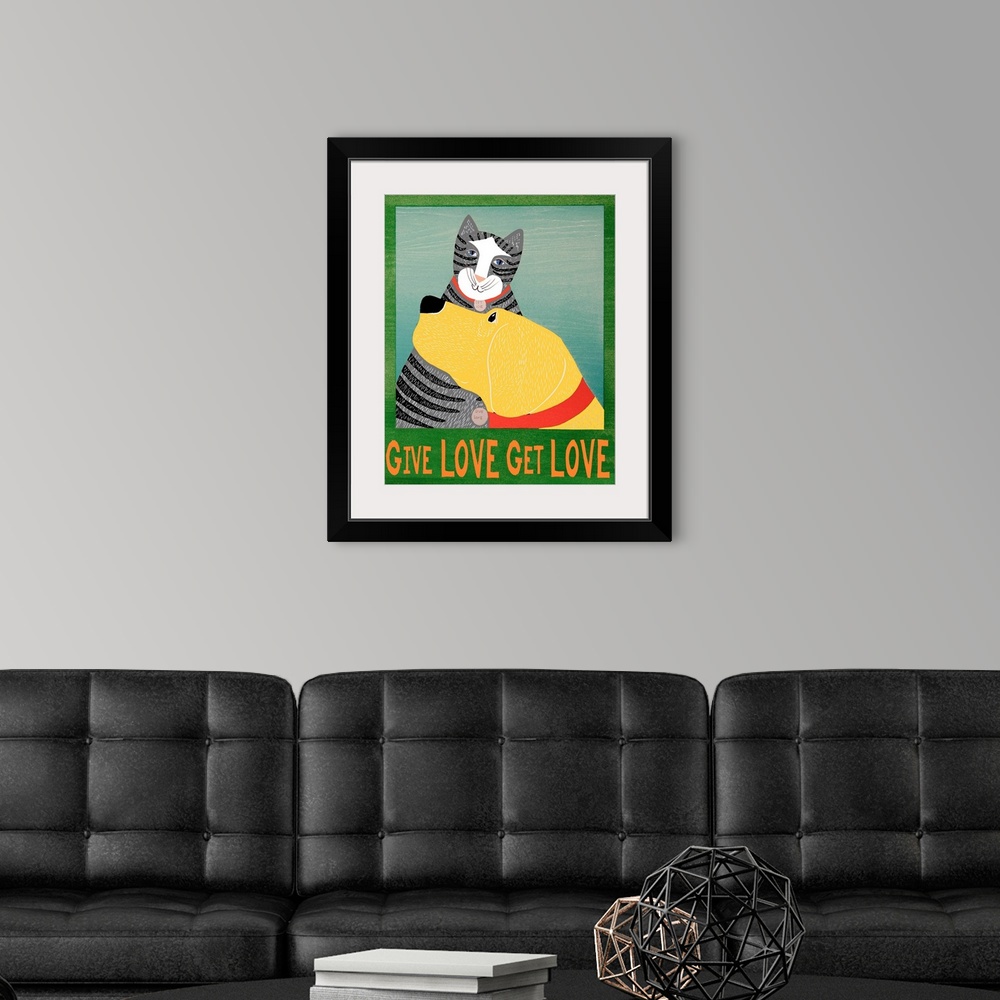 A modern room featuring Get Love Give Love Banner Yellow dog and grey cat