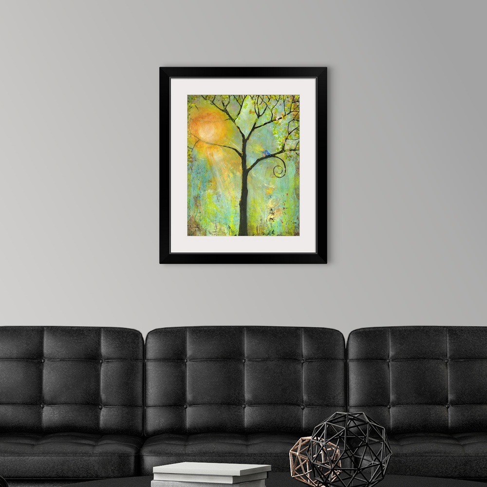A modern room featuring Lighthearted contemporary painting of a tree with bare branches.