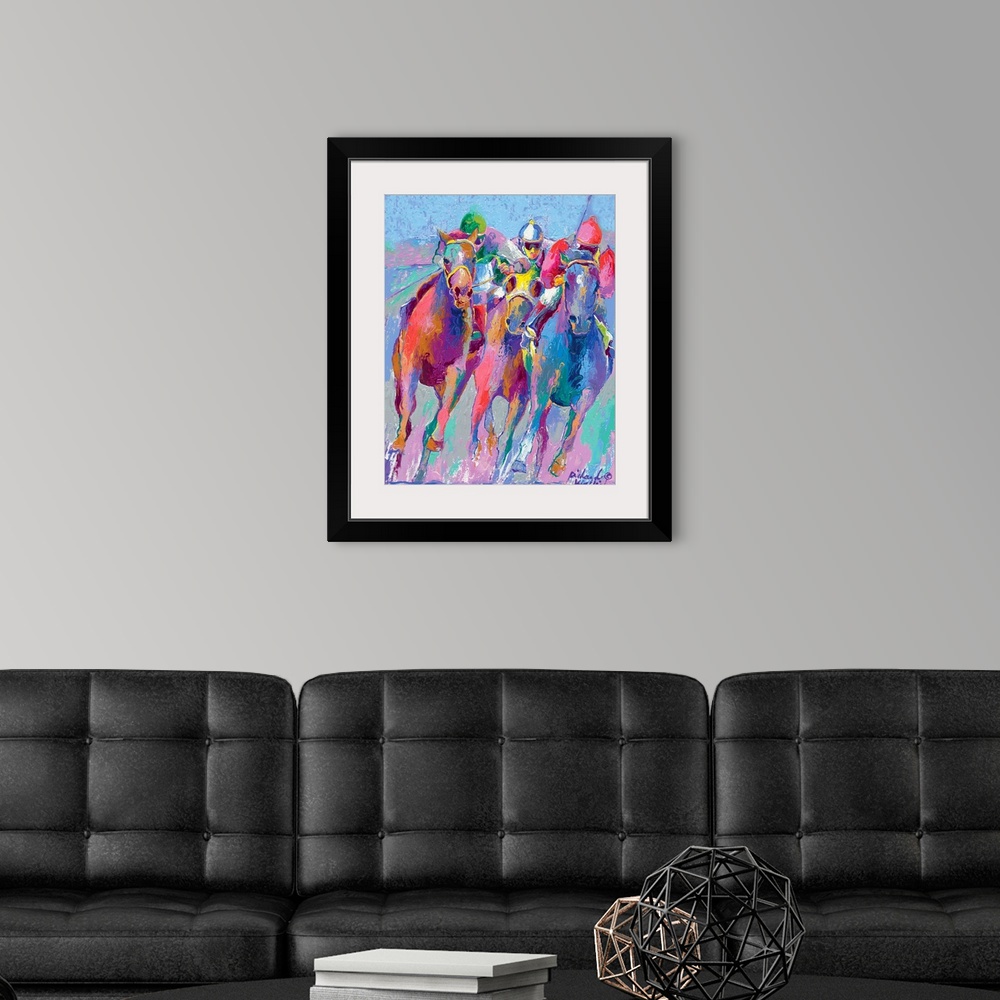 A modern room featuring Colorful painting of jockeys racing horses.