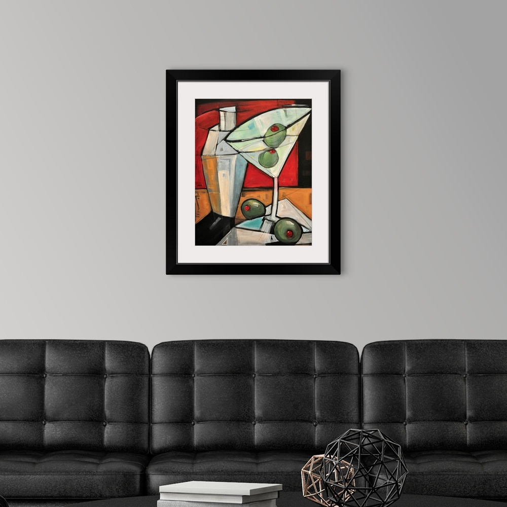 A modern room featuring Large, portrait, contemporary painting of a martini in a glass with two olives in it and two oliv...