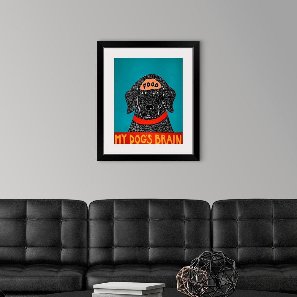 A modern room featuring Illustration of a black lab with the word "Food" written on its brain and the phrase "My Dog's Br...
