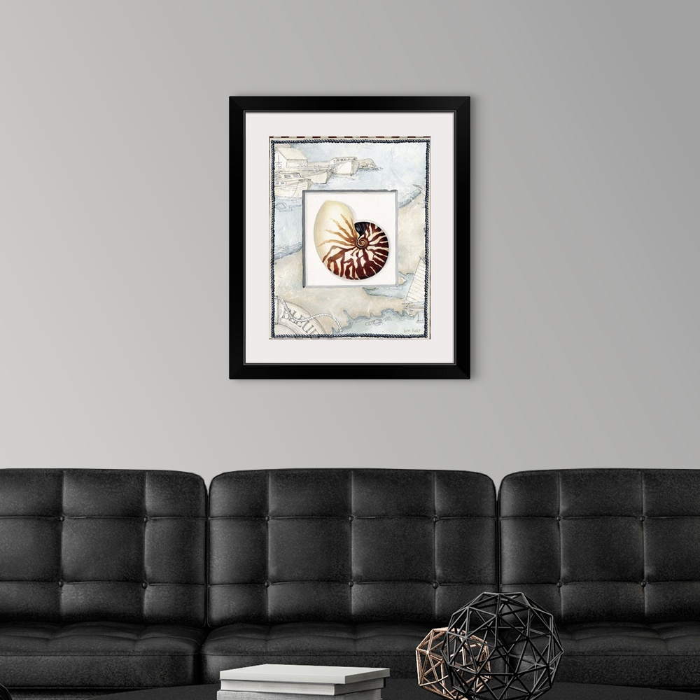 A modern room featuring snail shell with harbor and boats border