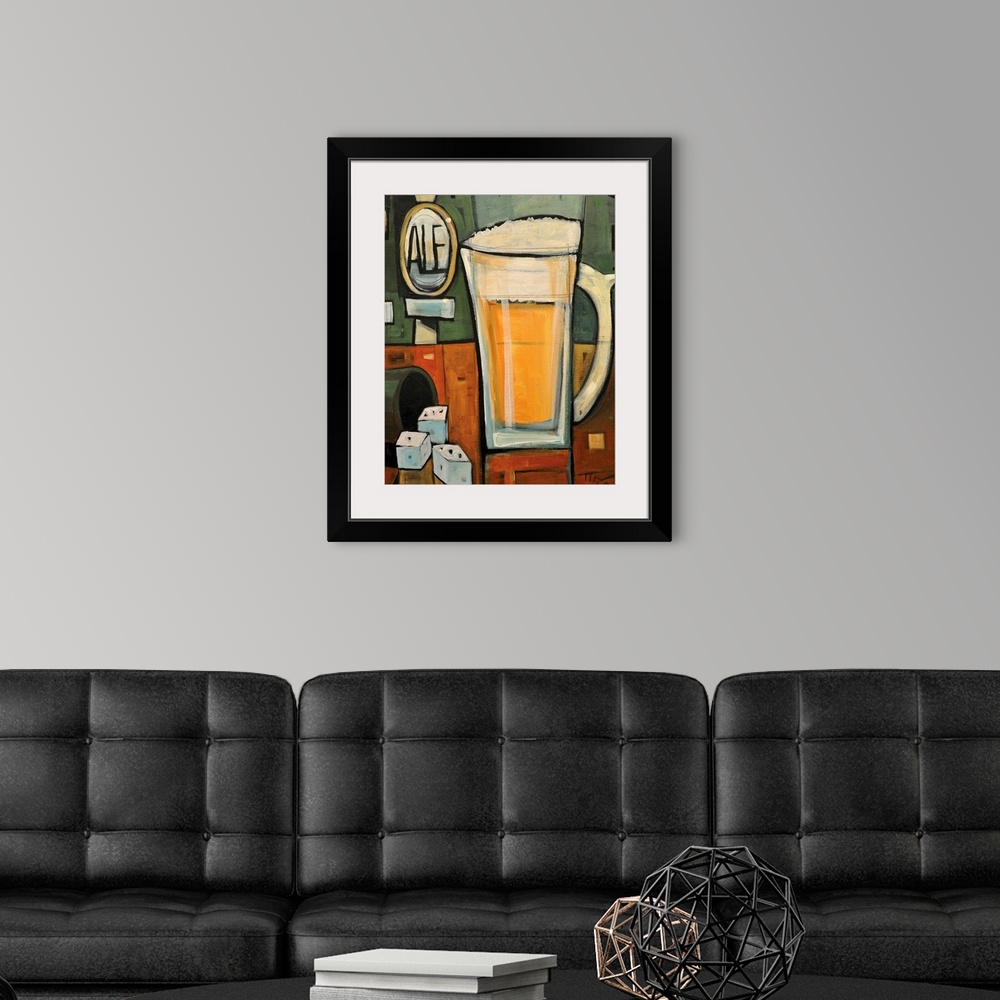 A modern room featuring Vertical, contemporary painting on a large wall hanging of a mug of beer sitting on a bar counter...