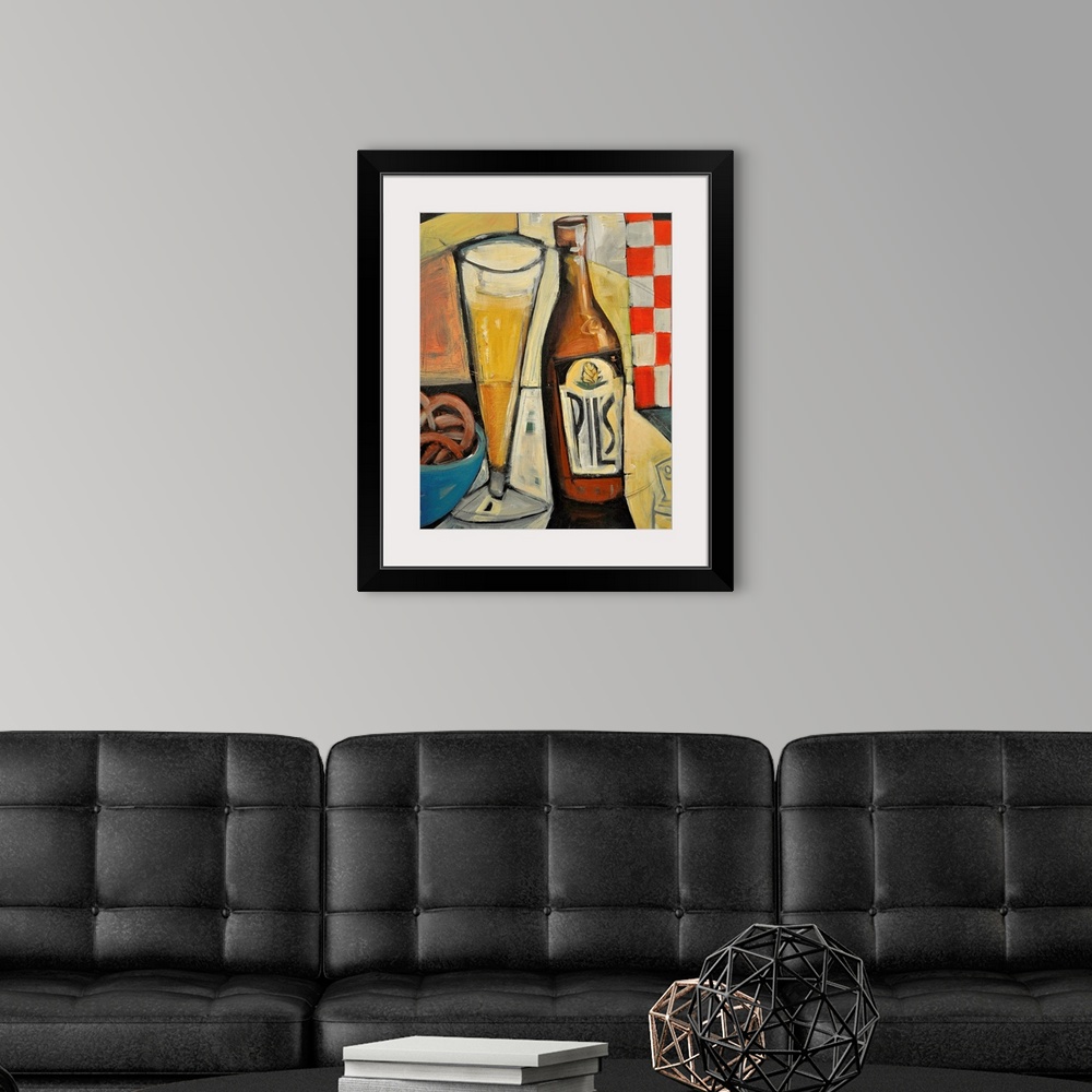 A modern room featuring Vertical, large wall painting of a bottle of pilsner sitting next to a tall glass of beer.  The i...