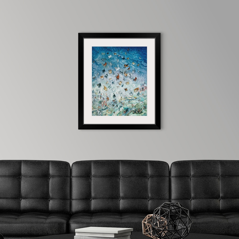 A modern room featuring A painting of the sky raining cats and dogs.