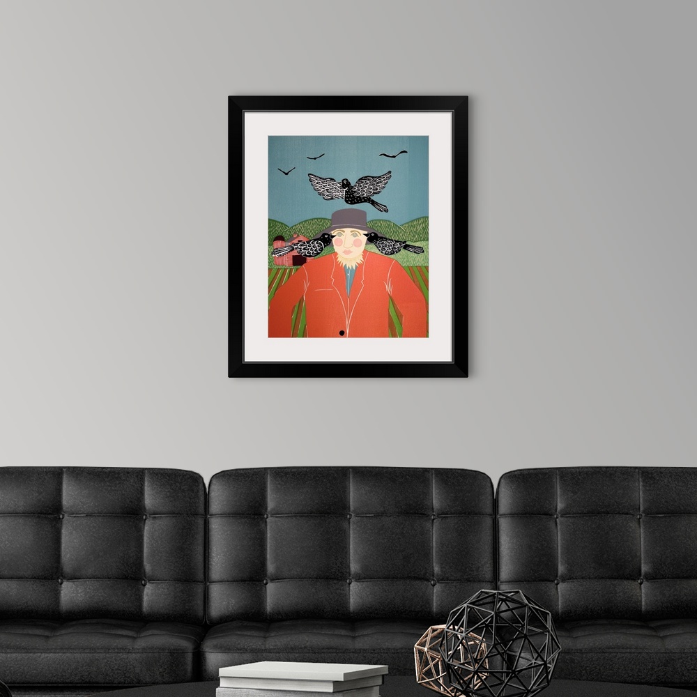 A modern room featuring Illustration of a scarecrow in a field surrounded by black crows with a red barn in the background.
